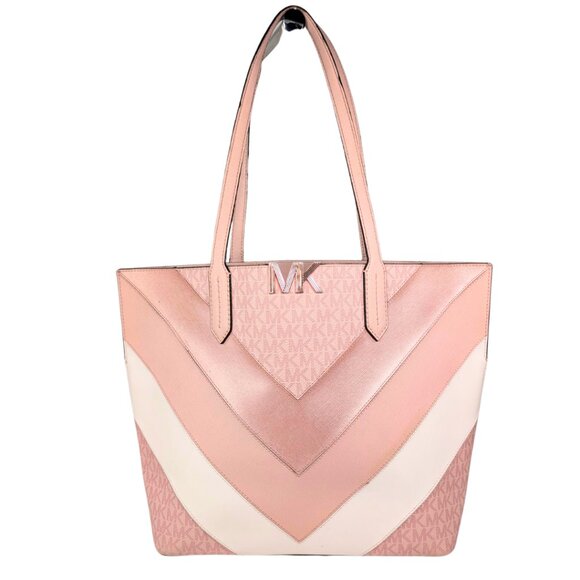 Michael Kors Montgomery MK Signature Leather Pink Rose Gold Chevron Large Tote - Picture 1 of 9
